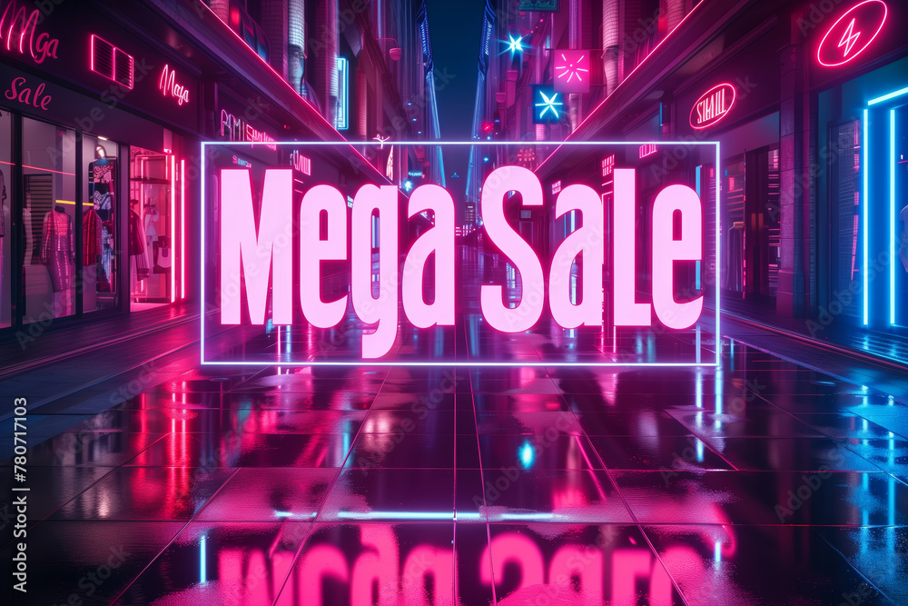 Bright neon sign with mega sale, black friday concept