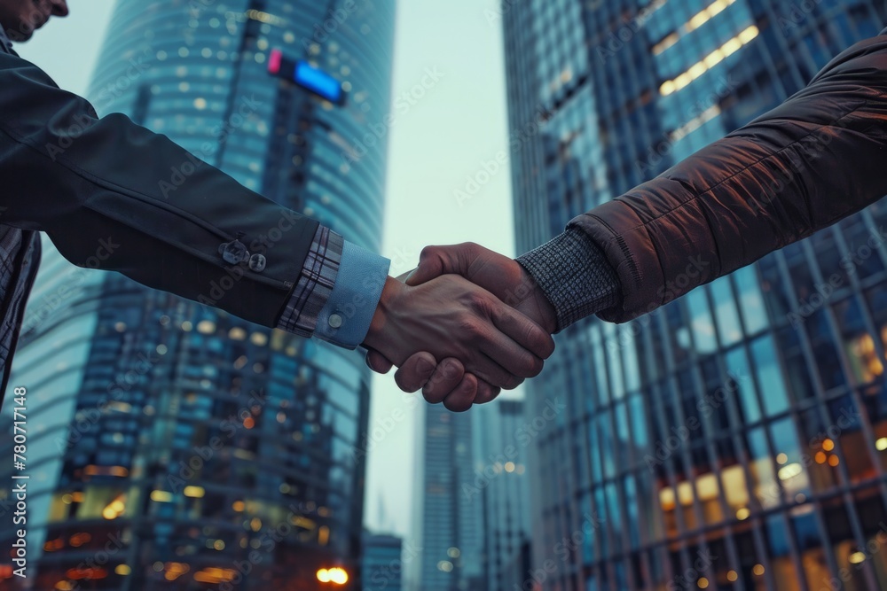 Two business people shaking hands in front of skyscrapers Generative AI