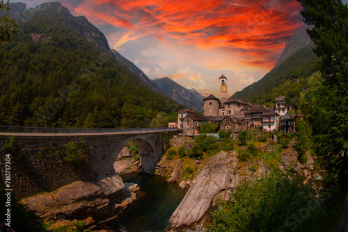 Traditional stone houses and a Church in the picturesque Lavertezzo village, Ticino, Switzerland. Lavertezzo is a popular travel destination in Verzasca valley in the swiss Alps mountains. photo