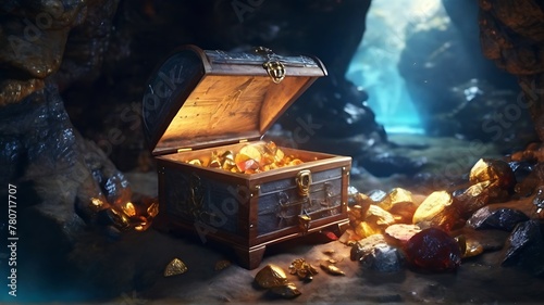 In the pirate cave  there is an ancient wooden chest filled with gold coins and treasure on a white background.