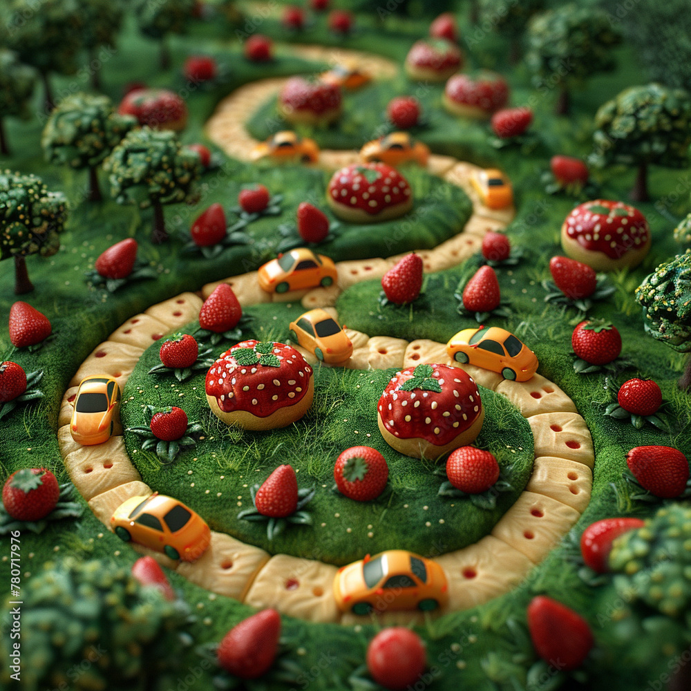 Whimsical Miniature Food Landscape with Toy Cars