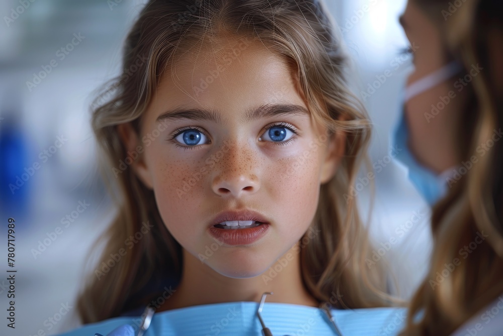 A young girl at the dentist looks shocked with a focus on her expressive face A young girl at the dentist looks shocked with a focus on her expressive face