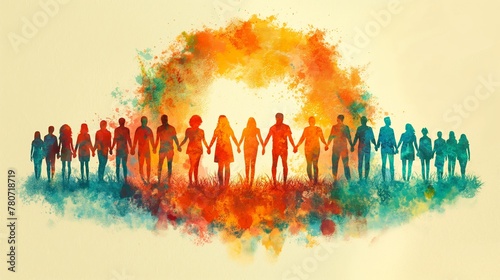 A diverse group of people holding hands, forming a colourful circle that represents unity and acceptance. Connection concept. Team concept.