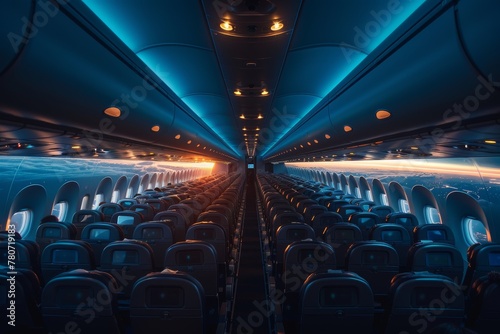Inside an empty airplane, rows of seats are lit by a calming blue light, evoking tranquility