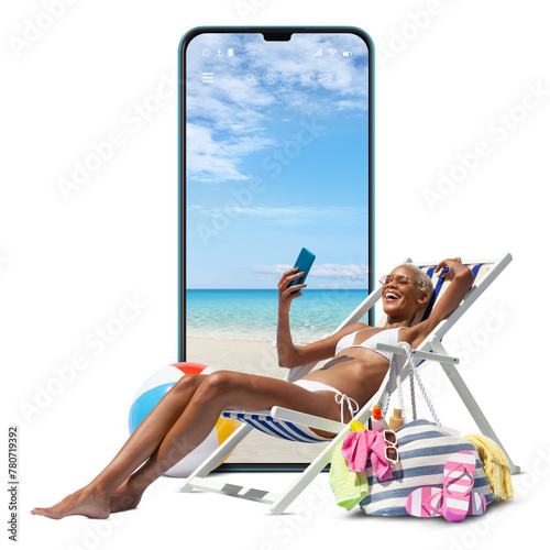 Happy woman at the beach on a beach deck chair, sunbathing, isolated with a mobile phone screen in the white background, concept a summer beach holiday, online shopping, booking travel, and resorts