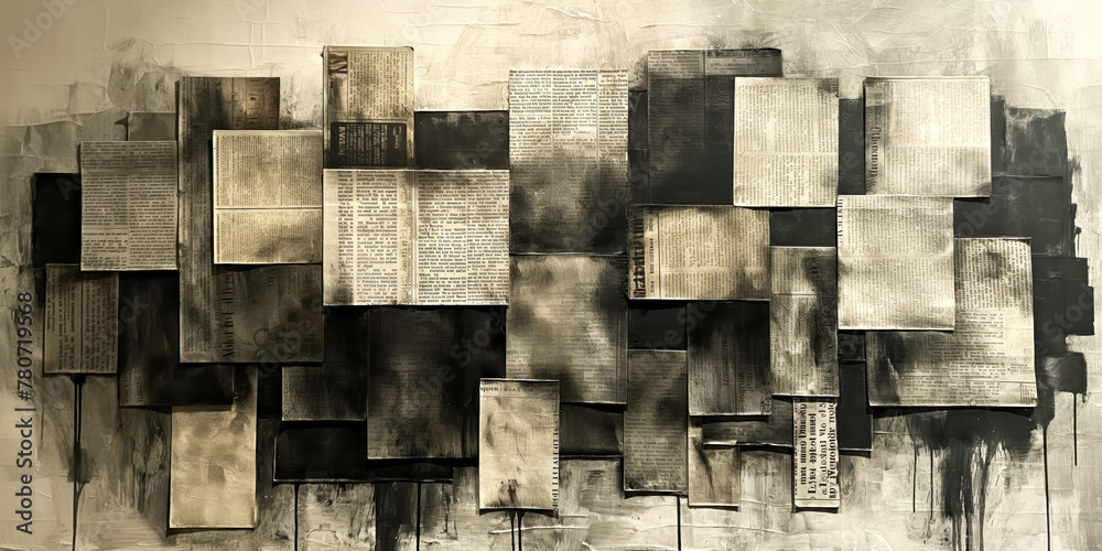 Old grunge background with newspapers torn and painted pages. Creative vintage background with copy space. - obrazy, fototapety, plakaty 