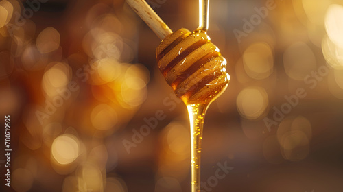 Wooden Honey Dipper Drizzling Honey on Orange Background ,honey extract natural product