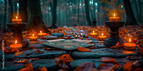 Witchcraft Ritual altar with Candles, Tarot cards and Crystal Balls in forest. Divination and Magic Rituals of Walpurgis Night, Halloween or Equinox.