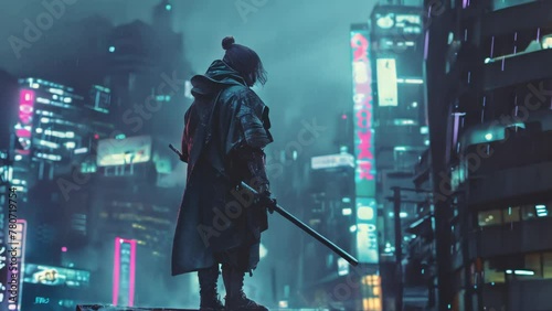 Warrior in traditional armor standing in a rainy neon-lit cityscape. Cyberpunk and futuristic city concept. photo