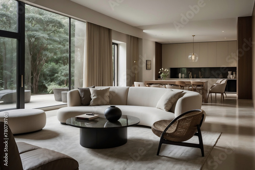 Luxuriöses Wohnzimmer mit Designermöbeln, bodentiefen Fenstern und naturnahem Ausblick photo
