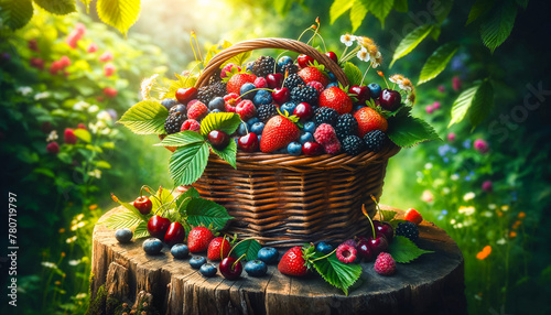 Harvest of different fresh berries in basket on wooden stump surrounded summer flowers and plants. Healthy food concept, gardening photo