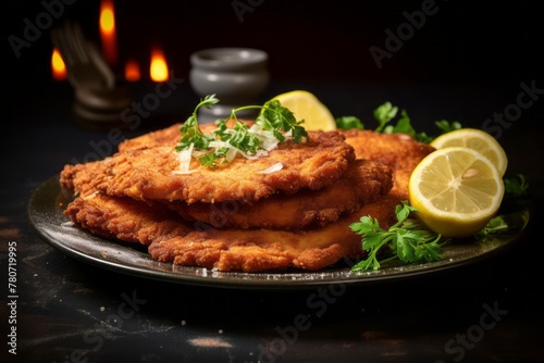 Tempting schnitzel on a rustic plate against a dark background