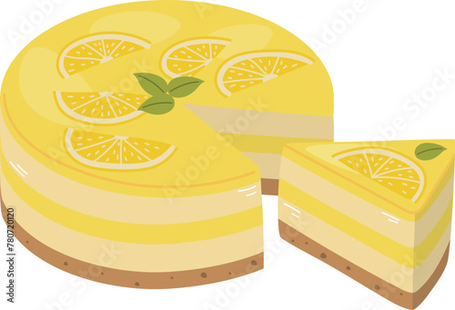 Lemon cheesecake, lemon cake, lemon pie, slice of lemon cake, sweet food vector illustration, cake clipart
