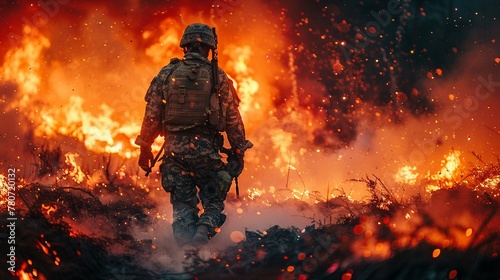 A soldier radioing for air support during a firefight, capturing the intensity and immediacy of combat communications
