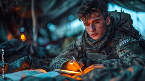 A soldier writing a letter home by flashlight in a field tent, revealing the personal sacrifices of military life photo