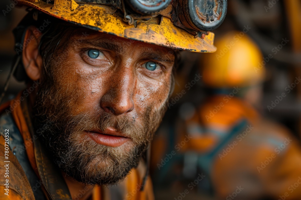 An elder miner's face, showing signs of a life of hard work, with a reflective stripe on his hardhat and intense blue eyes An elder miner's face, showing signs of a life of hard work, with a reflective stripe on his hardhat and intense blue eyes