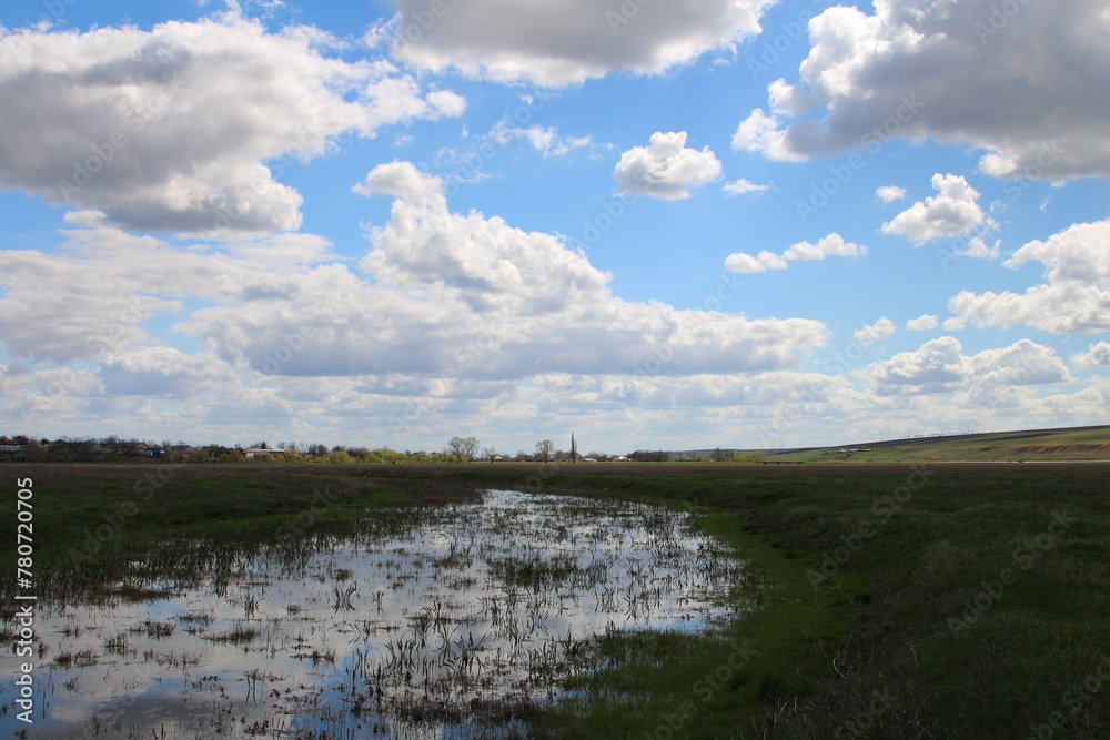 A body of water with grass and clouds in the sky
