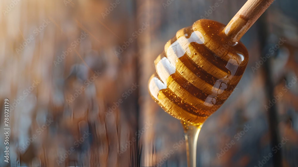 Wooden Honey Dipper Drizzling Honey on Orange Background ,honey extract natural product - obrazy, fototapety, plakaty 