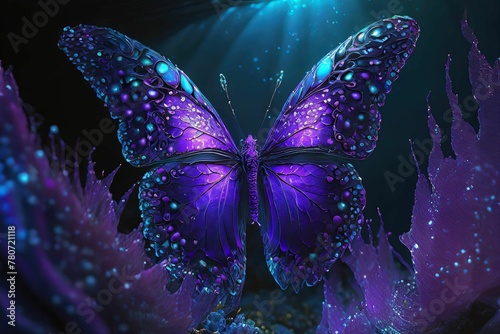 Fractal art; purple, black and blue; fractal creates butterfly