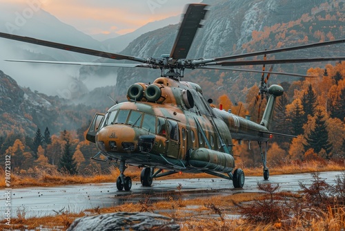 A military helicopter is captured on a rain-soaked tarmac against a backdrop of autumn-colored trees in a moody, powerful scene photo