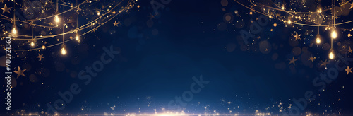 A dark blue background with lights and sparkles in the corners, creating an atmosphere of celebration. The design includes a string or chain of light bulbs hanging down from top to bottom. 