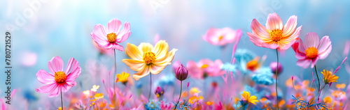 A field of flowers with a colorful background. Pastel summer floral landscape