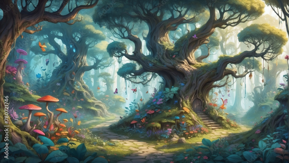 Illustration of a whimsical fairytale forest, with twisting branches and colorful foliage inhabited by magical creatures.