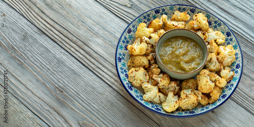 Homemade roasted cauliflower with tomatillo salsa. Rustic wooden board background with copy space.  photo