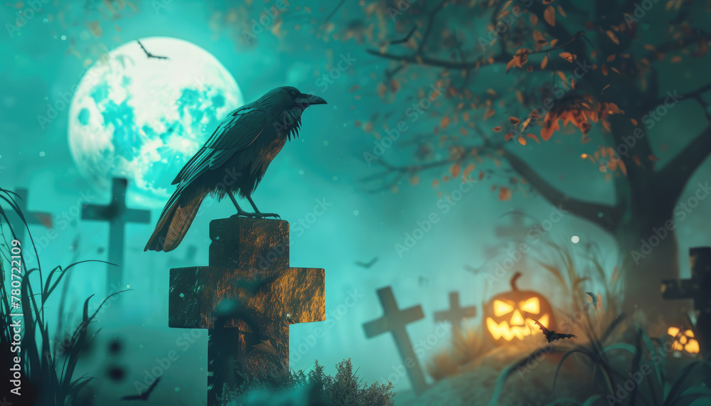 A black crow is perched on a gravestone in front of a pumpkin by AI generated image