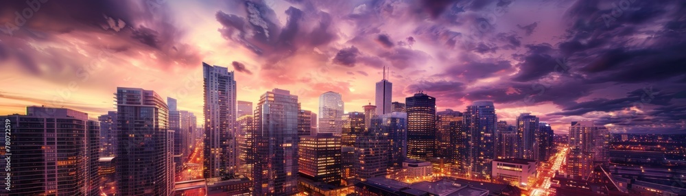 A smart city skyline at sunset, vibrant colors, wideangle, highdefinition photo , studio lighting