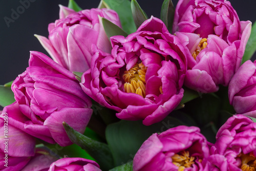 Festive bouquet of pink peony-shaped tulips close-up