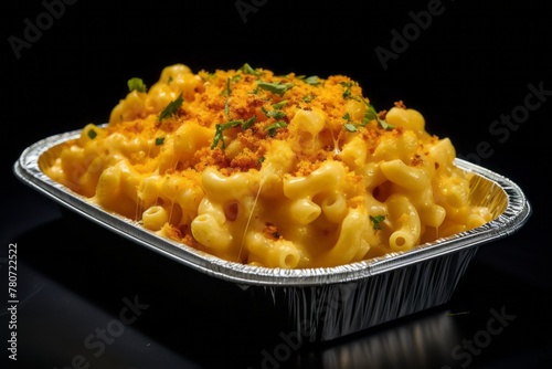 Juicy macaroni and cheese on a plastic tray against a dark background