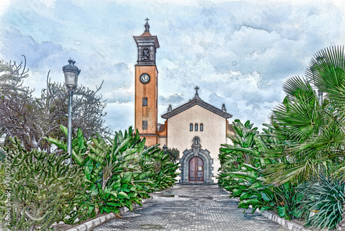 watercolor of the Escaleritas church in Gran Canaria