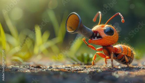 A cartoonish red and black ant is holding a microphone and making a loud noise by AI generated image