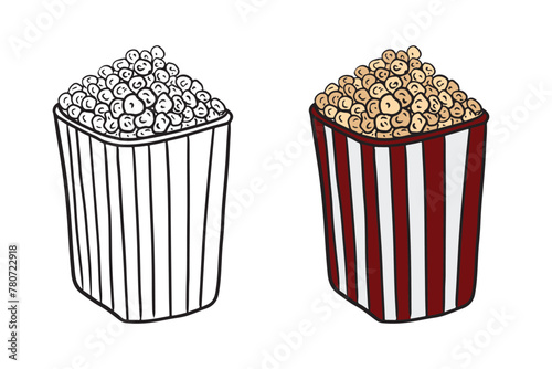 Big realistic cardboard striped red and white box with popcorn with salted caramel isolated on white background. Tasty snack for movie watching at the cinema. Hand drawn vector sketch illustration