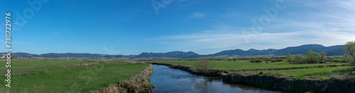 Panorama shot, dirty curving Olt river at springtime in Transylvania, Romania.