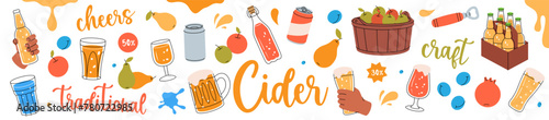 Fruit cider set. Wooden barrels, cans, glasses, mugs, metal keg, bottle opener, tap. Fruit beer collection. Harvest of pears, apples, pomegranate.