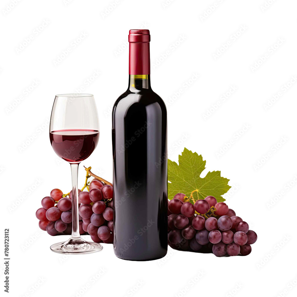 Bottle and glass of grapes drink with ripe grapes, isolated on transparent background. AI.