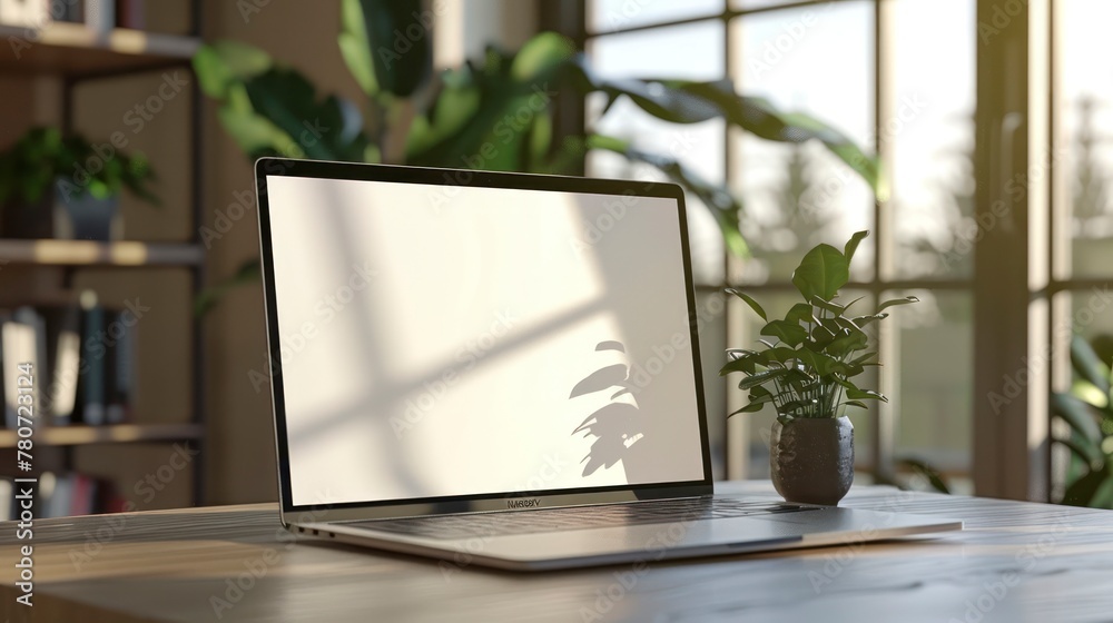 Comfortable workplace with laptop computer, houseplants and coffee cup on white table. Blank screen for your advertising text. Comfortable workplace with laptop computer, houseplants and coffee cup on white table. Blank screen for your advertising text.