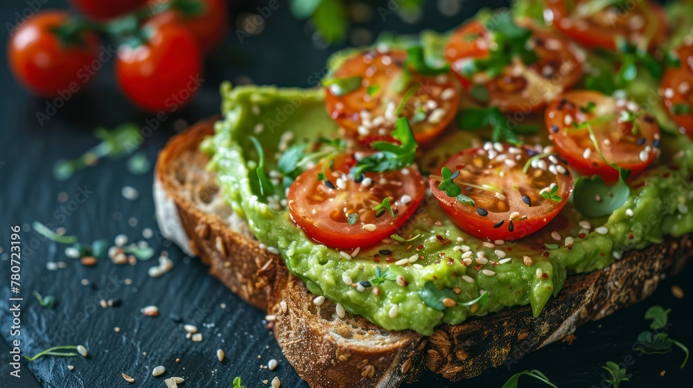 Healthy breakfast, avocado toast, hole grain bread with avocado spread and slices cherry tomatoes. Healthy breakfast, avocado toast, hole grain bread with avocado spread and slices cherry tomatoes.