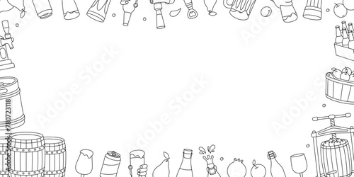 Fruit cider horizontal outline banner. Wooden barrels, cans, glasses, mugs, metal keg, bottle opener, tap. Cider process production.