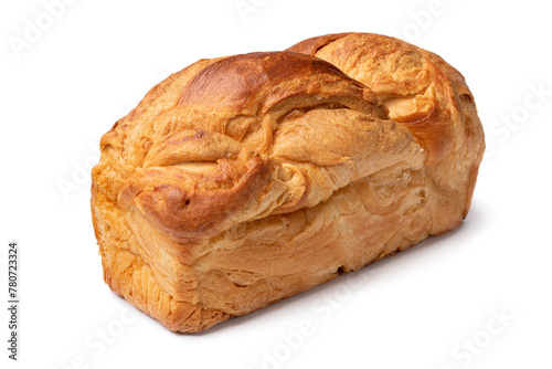 Fresh baked loaf of croissant bread isolated on white background close up