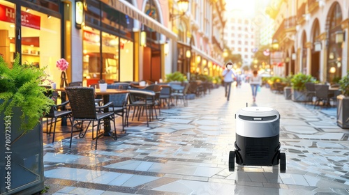 Mobile robot delivering orders. Embracing the power of automation, the robotic assistant swiftly and accurately delivers orders to customers, making the process smooth and hassle-free. photo