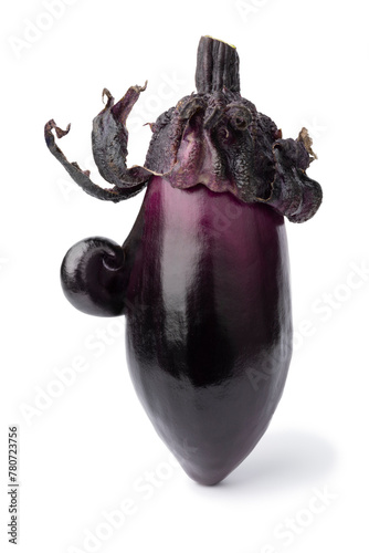 Single deformed happy purple eggplant isolated on white background close up