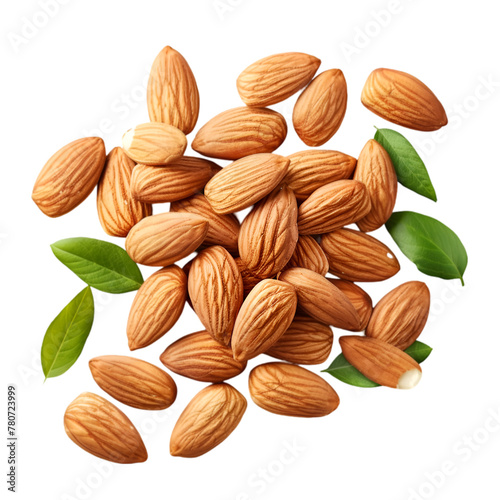 A pile of almonds with a leaf on top. The almonds are scattered and some are whole while others are broken. Generative AI