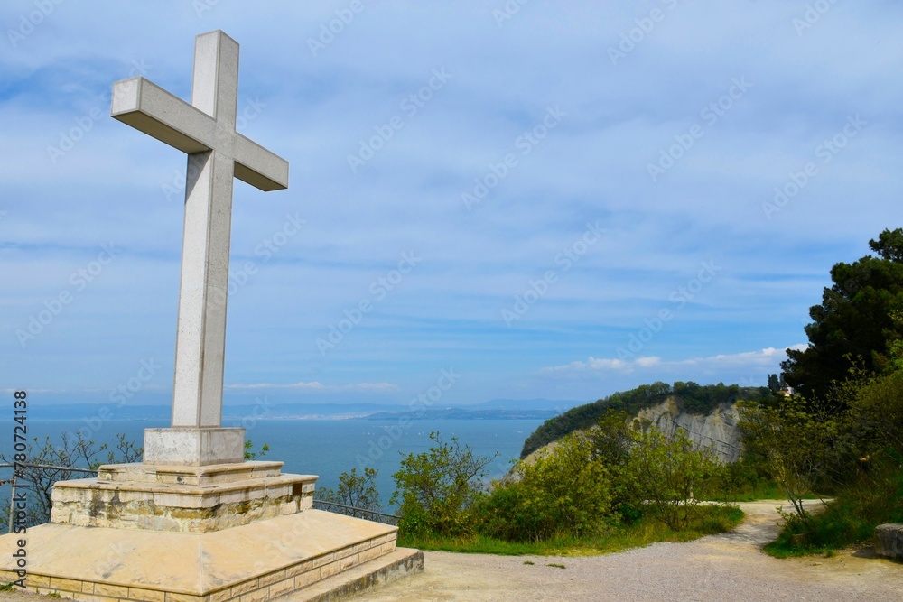 View of a cross in Strunjan nature reserve and the Adriatic sea in Primorska, Slovenia