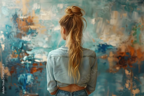 Young female painter with messy brush strokes on jeans facing wall. Concept Artistic Photography  Messy Brush Strokes  Female Painter  Creative Portrait  Wall Background