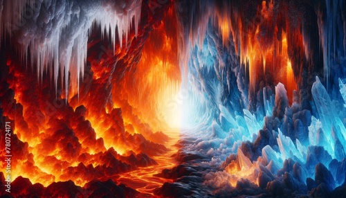 Fantasy landscape with fiery and icy worlds - A visually striking contrast of a landscape divided into a fiery inferno and a frozen wonderland