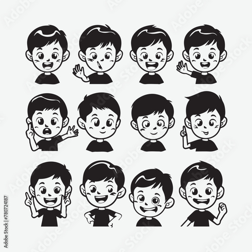 Children's emotion expression bundle set. Hand drawn, doodle illustration in black and white, ink style. Cartoon collection of little boys portraits, various human races. 
