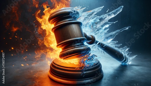 Judge's gavel with fire and ice concept - An artistic representation of law contrasted by fiery passion and cold, rational judgement photo